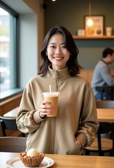 Chic Chinese Woman Enjoying Milk Tea in a Bright Minimalist Cafe, Dressed in a Trendy Khaki Zipper Sweatshirt

