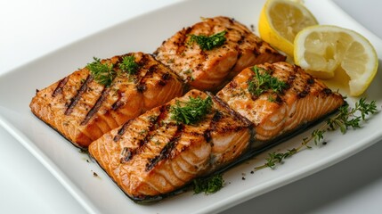 Grilled salmon fillets garnished with herbs and lemon slices on a white plate.