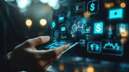 A person interacts with a smartphone displaying financial and data analytics graphics.