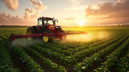 Fototapeta premium Tractor spraying crops at sunset in a lush green field.