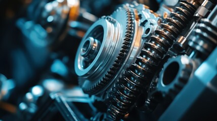 Fototapeta premium Close-up of intricate mechanical gears and components in a machine.