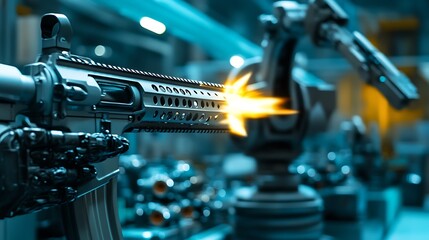 Fototapeta premium A robotic arm fires a gun in a futuristic factory setting.