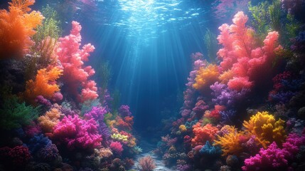 Naklejka premium Vibrant coral reef teeming with colorful marine life.
