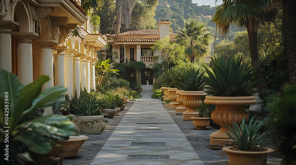 Poster Elegant pathway lined with lush plants leading to a grand building.