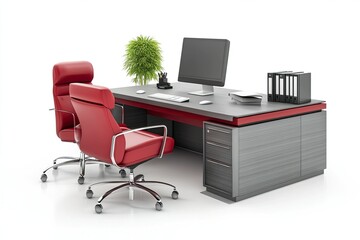 modern stylish red and grey office furniture set on white background 