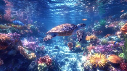 Fototapeta premium A sea turtle swims through vibrant coral reef with colorful fish.