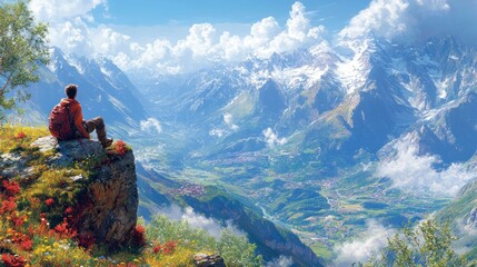 A serene landscape view with a person overlooking mountains and valleys.