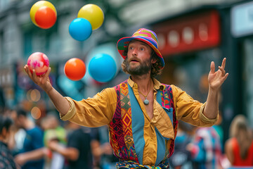 Exhilarating Street Performance: Dynamic Juggling Exhibition on a Bustling City Street