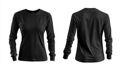 Women's black long sleeve t-shirt isolated on white background, concept mockup template with t-shirt front and back view, 3d rendering