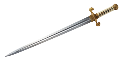 High-Quality PNG Old sword medieval weapon blade knight equipment with ornate handle isolated on white background – High Resolution