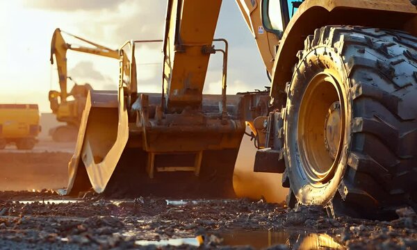 A close-up of a construction vehicle's tire on a muddy site, highlighting industrial work.