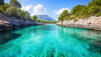 Fototapeta premium A stunning view of a turquoise cove, with clear water and lush greenery on the surrounding cliffs, under a blue sky with fluffy white clouds.
