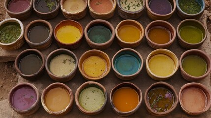 Colorful Pottery Bowls of Soup in Natural Setting