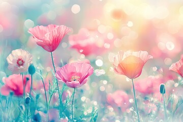 Fototapeta premium Colorful blooming flowers in a serene natural setting, soft focus with light bokeh.