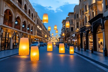 Obraz premium Ramadan lanterns floating in the air, with soft, magical light filling the streets during a fantastical iftar gathering