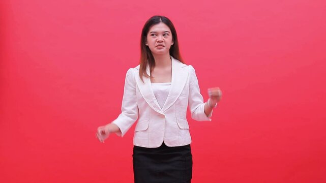 beautiful girl wearing white office suit irritated both hands expressing sign of nagging dislike, standing isolated red background, for promotional content, education, advertising
