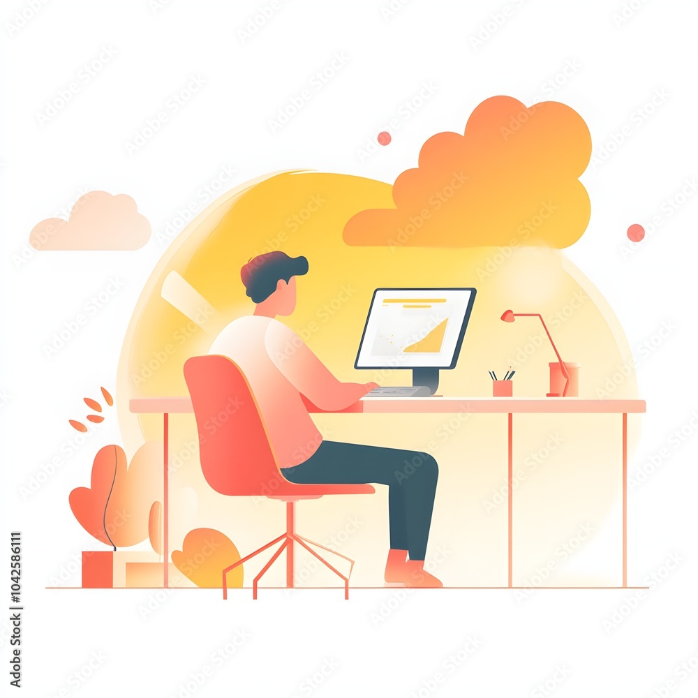 Poster man working on computer with data analysis illustration
