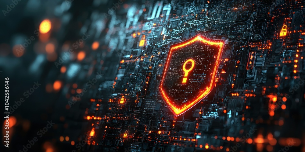 Poster A glowing shield with a keyhole symbol on a circuit board background