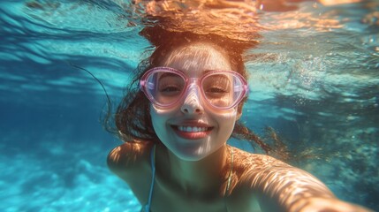 Fototapeta premium A joyful underwater selfie of a young woman wearing pink goggles, smiling in a pool.