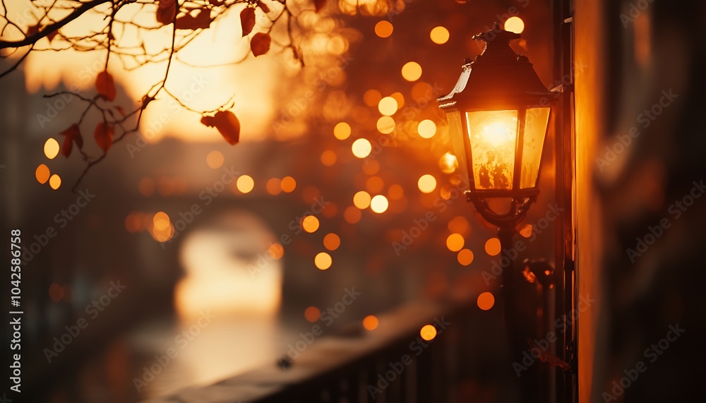 Poster a warm sunset illuminates a lantern by a canal, creating a cozy atmosphere with bokeh lights and aut