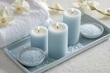 Three blue candles on a tray with bath salts and white orchid on a towel.