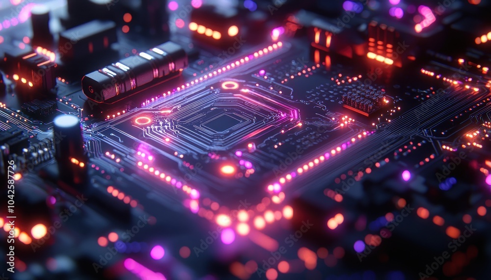 Poster A close-up view of a glowing circuit board with red and pink lights.