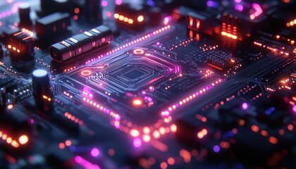 Obraz premium A close-up view of a glowing circuit board with red and pink lights.