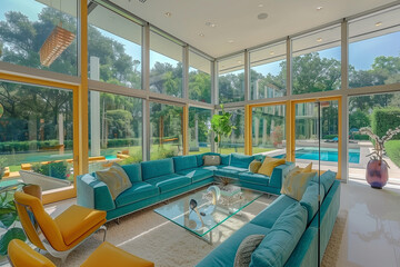 Bright, cheerful living room with a turquoise sectional, yellow accent chairs, a glass coffee table, and floor-to-ceiling windows facing a garden. interior design concept 