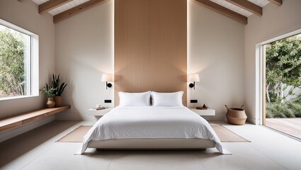 modern, minimalist bedroom with a neutral color palette. The room features a large bed with white bedding, centered against a light wood accent wall with integrated lighting
