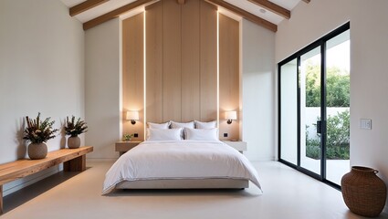 modern, minimalist bedroom with a neutral color palette. The room features a large bed with white bedding, centered against a light wood accent wall with integrated lighting