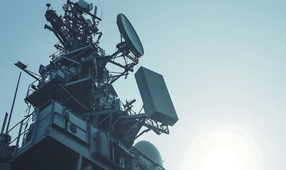 A close-up view of the mast of a naval warship with antennas and radar equipment against a blue sky with the sun peaking out from behind.