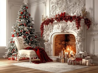 A Christmas embracing elegance with rich decorations and cozy ambiance in a festive room setting, Generative Ai