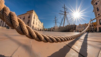 Obraz premium Majestic Sailing Ship Docked at Historic Waterfront Harbor Under Bright Sunlight