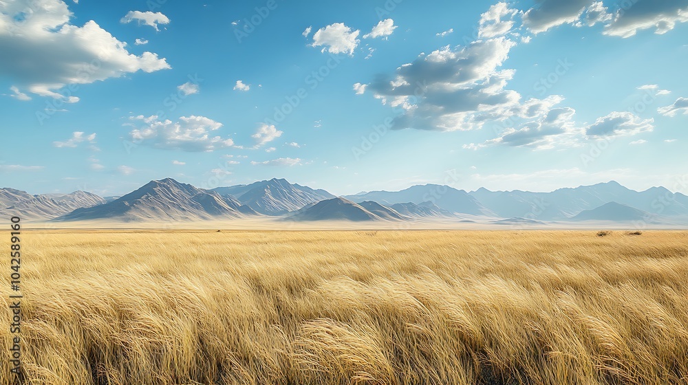 Aufkleber a serene landscape featuring golden fields under a blue sky with scattered clouds and distant mounta