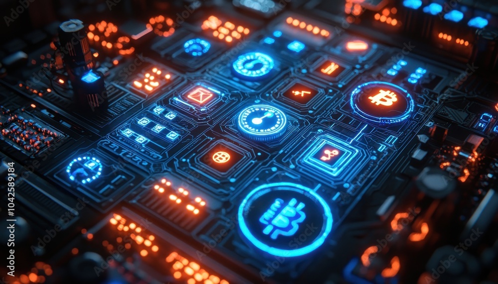 Poster futuristic circuit board with glowing symbols and bitcoin logo
