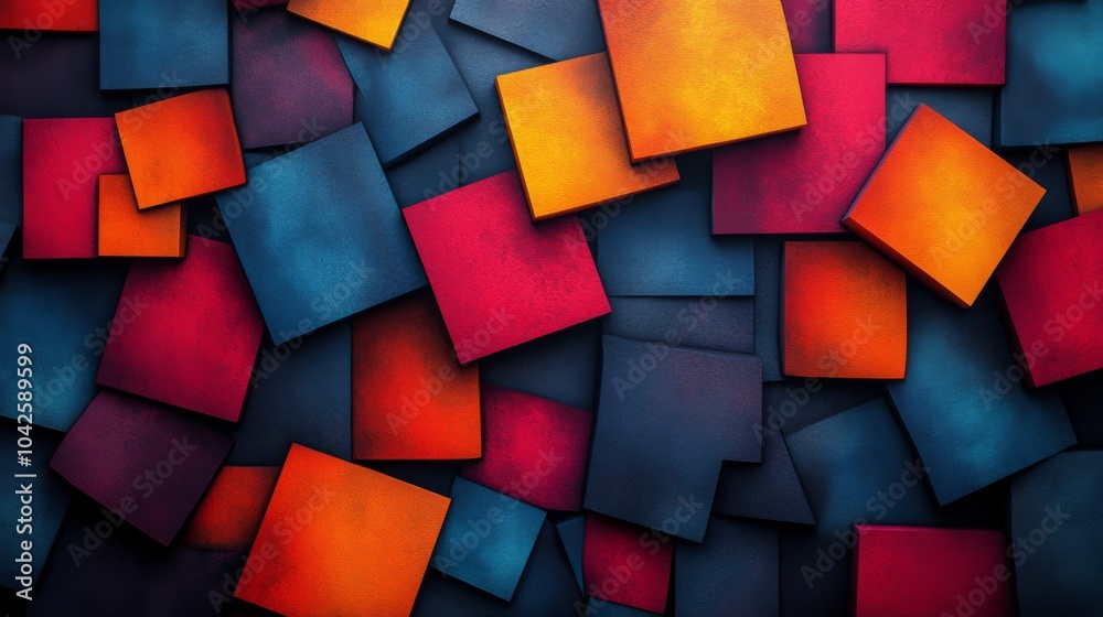 Poster bold geometric shapes in red, orange, and blue create a striking abstract design on the wall, captiv