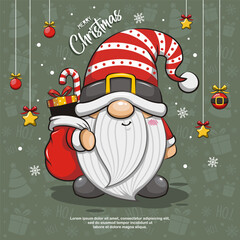 Christmas Gnome Santa Claus On Green Background. Cute Cartoon Illustration