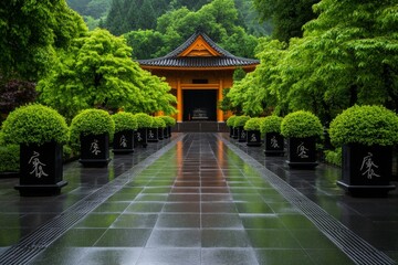 Traditional Chinese calligraphy panels decorating the walls of the pavilions, blending art and nature in perfect harmony