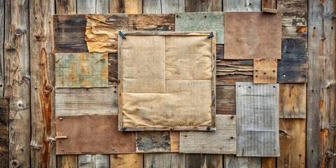 A weathered wooden wall with an aged paper framed within a rustic frame, surrounded by a patchwork of wood and paper scraps