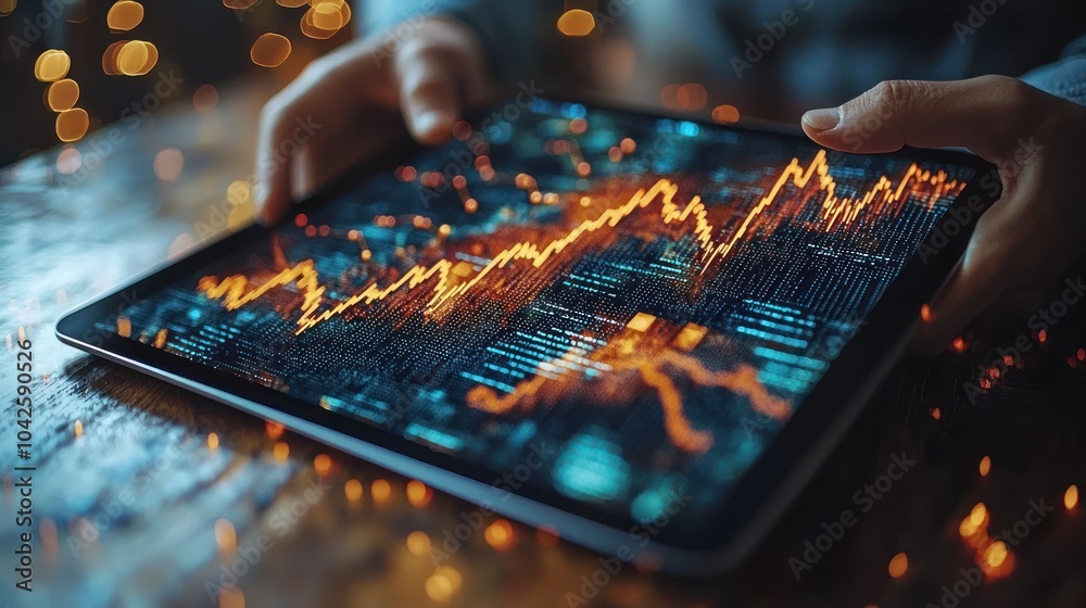 Aufkleber close-up of a hand holding a tablet displaying a financial chart