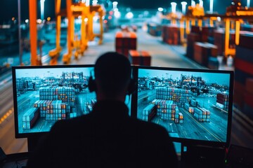 Depict customs agents monitoring surveillance footage of cargo areas. They are keeping an eye out for any suspicious activity, Generative AI 