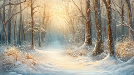 A serene winter forest scene with soft light illuminating a snowy path.