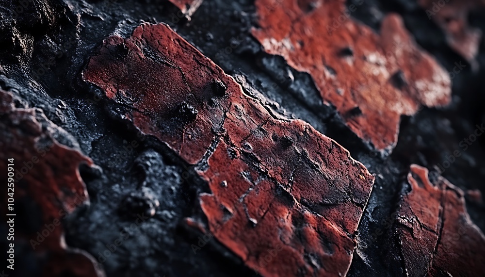 Poster a close-up of weathered bricks with peeling red paint, showcasing texture, aging, and detail in a ru