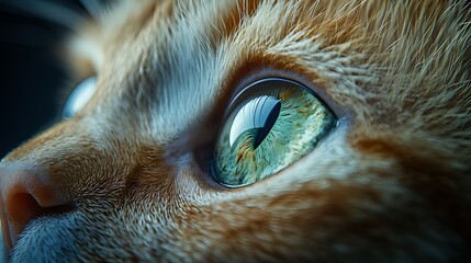 Close-up of a cat's green eye with orange fur.