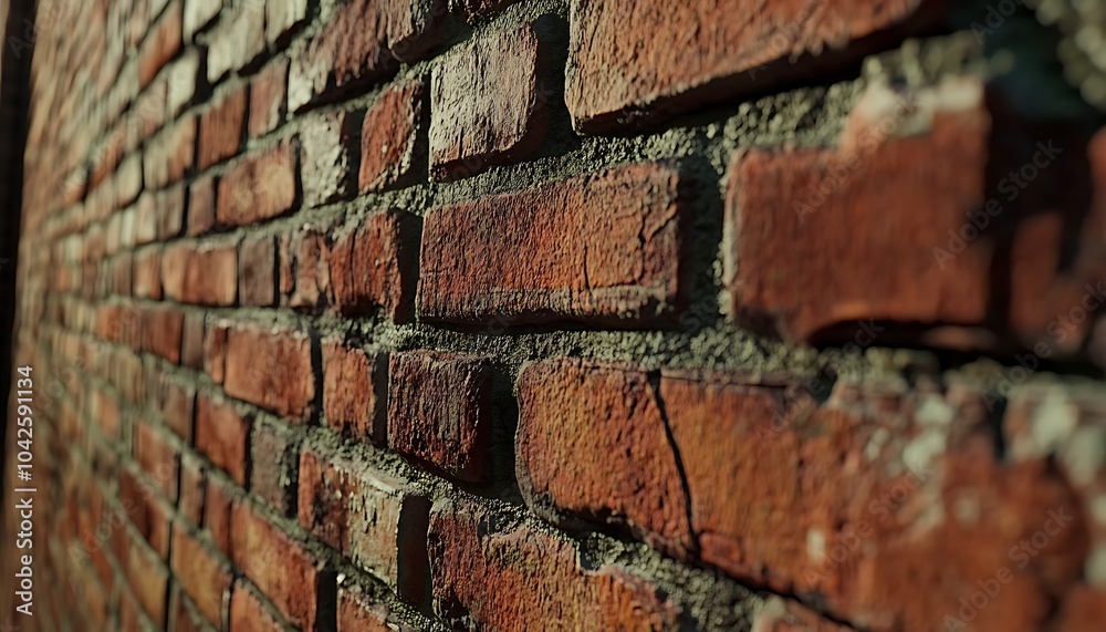 Poster a close-up view of a textured brick wall, featuring rough, weathered red bricks, showcasing details 