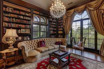 Traditional living room with a tufted beige sofa, dark wood bookshelves, a grand chandelier, and classic floor-to-ceiling drapes framing large windows.