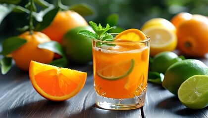 Fototapeta premium orange juice and fruits