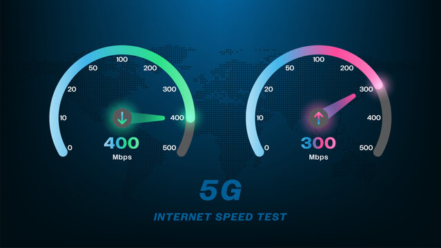 Internet Speed Test ,Upload Download speed test with modern design neon gauge, with world map dotted ,software and network performance information arrow bandwidth display interface app internet UI UX