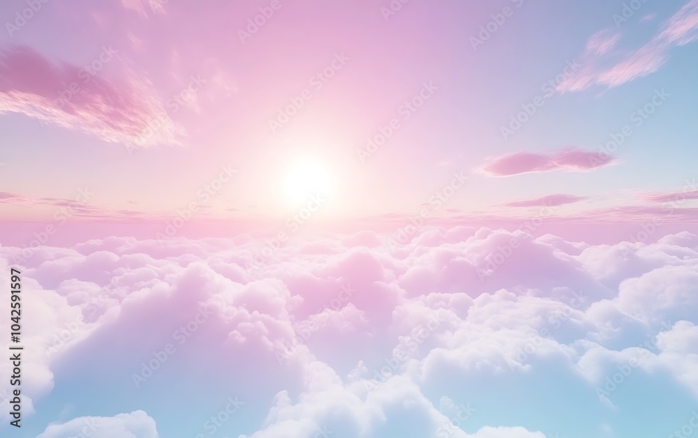 Poster A serene sky with fluffy clouds bathed in soft pastel colors as the sun rises, creating a tranquil and dreamy atmosphere.
