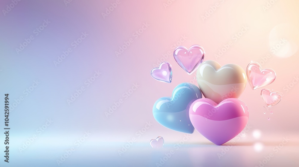 Poster multiple hearts in different sizes and colors, floating on a gradient backdrop for love and affectio